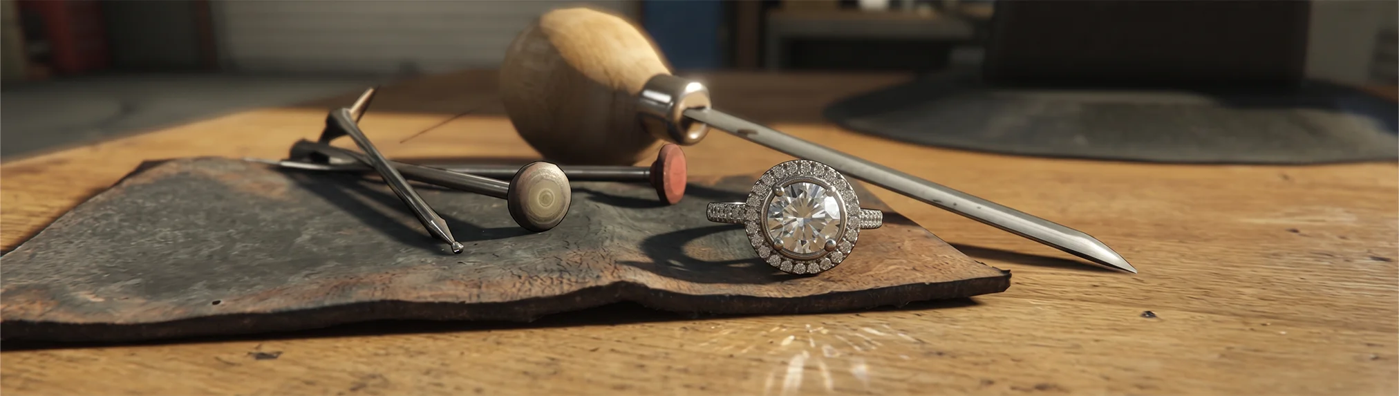 A diamond ring on a jeweller’s workbench